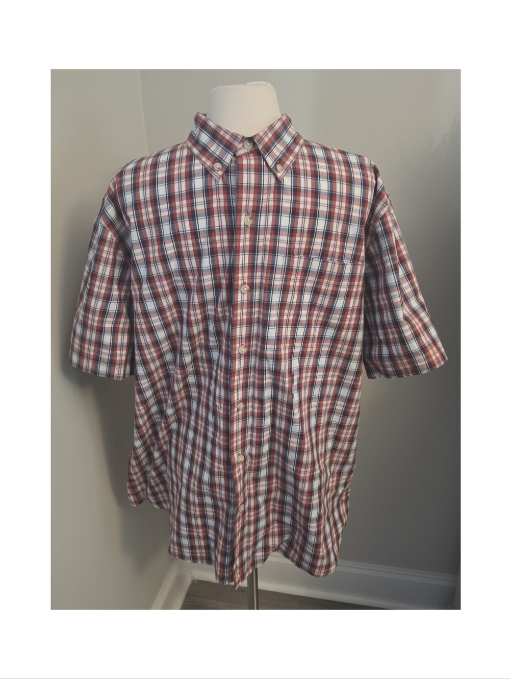 Blue Mountain Plaid Stretch Button Up Shirt Men’s Large Red Blue Short Sleeve